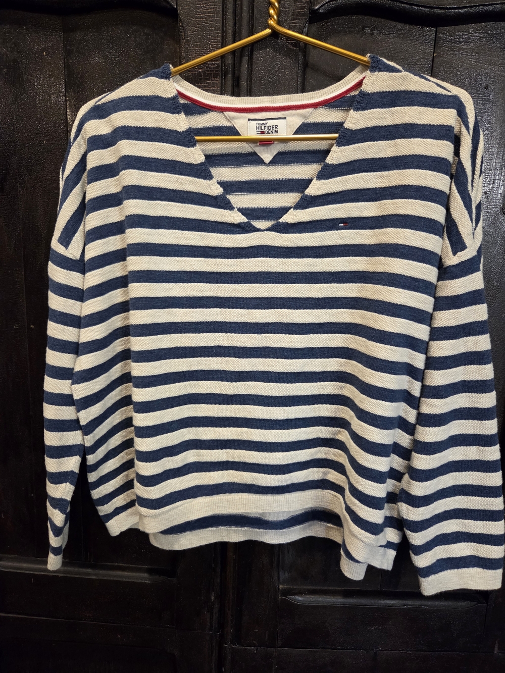 Tommy Hilfiger Striped Boxy V-Neck Sweater Shirt (Large)